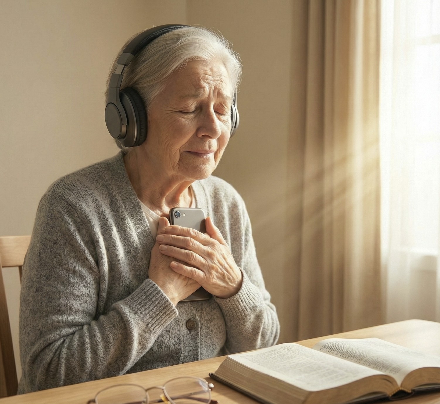 Senhora com fones de ouvido em momento de adoração
